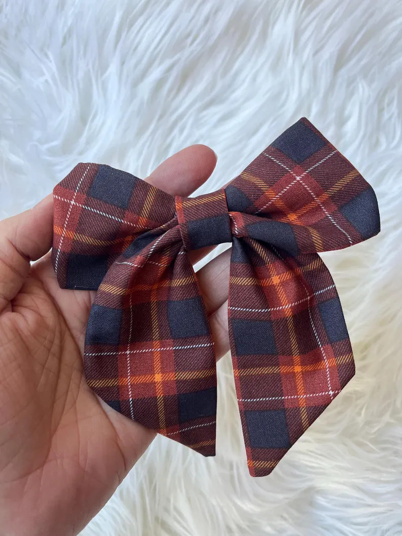 Fall Hair Bow, Fabric Hair Barrette, Autumn Hair Accessory, Fall Gingham Print Barrette, Sailor B... | Etsy (US)