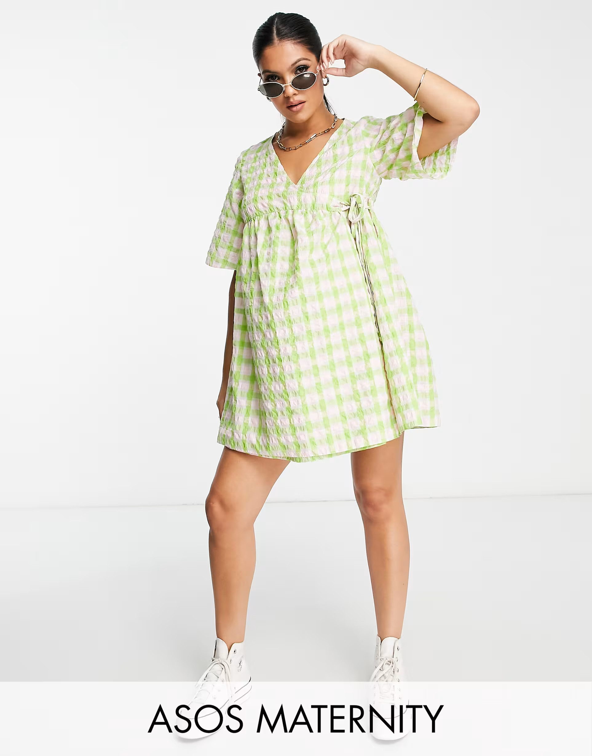 ASOS DESIGN Maternity wrap smock mini dress in pink and green check | ASOS (Global)