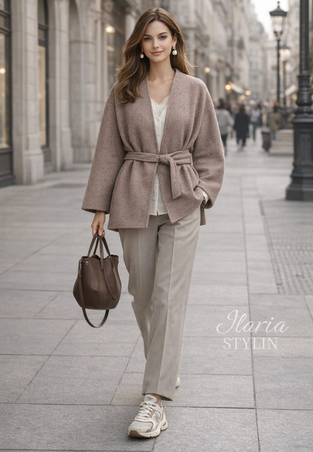 Polished & elegant – Soft neutrals layered to perfection—a belted taupe wool coat over an ivory button-down blouse, paired with tailored light-gray trousers. Finished with pearl-drop gold earrings, a structured brown tote, and classic sneakers for a refined everyday look 🤎

#LTKootd #LTKSeasonal #LTKWorkwear