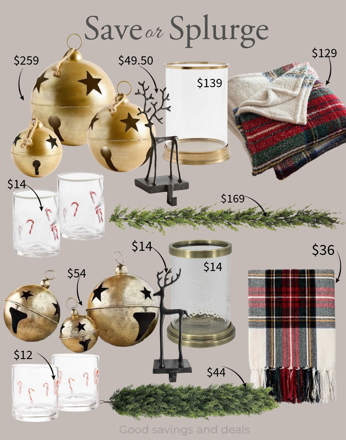 Save or splurge on Christmas decor. Brass decorative bells. Plaid blanket and bedding. Hurricane holder. Reindeer stocking holder. Faux cypress garland.

#LTKHoliday #LTKHome #LTKStyleTip