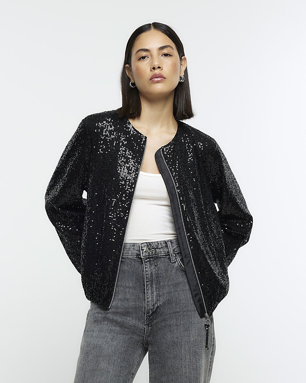 Black sequin bomber jacket | River Island (UK & IE)