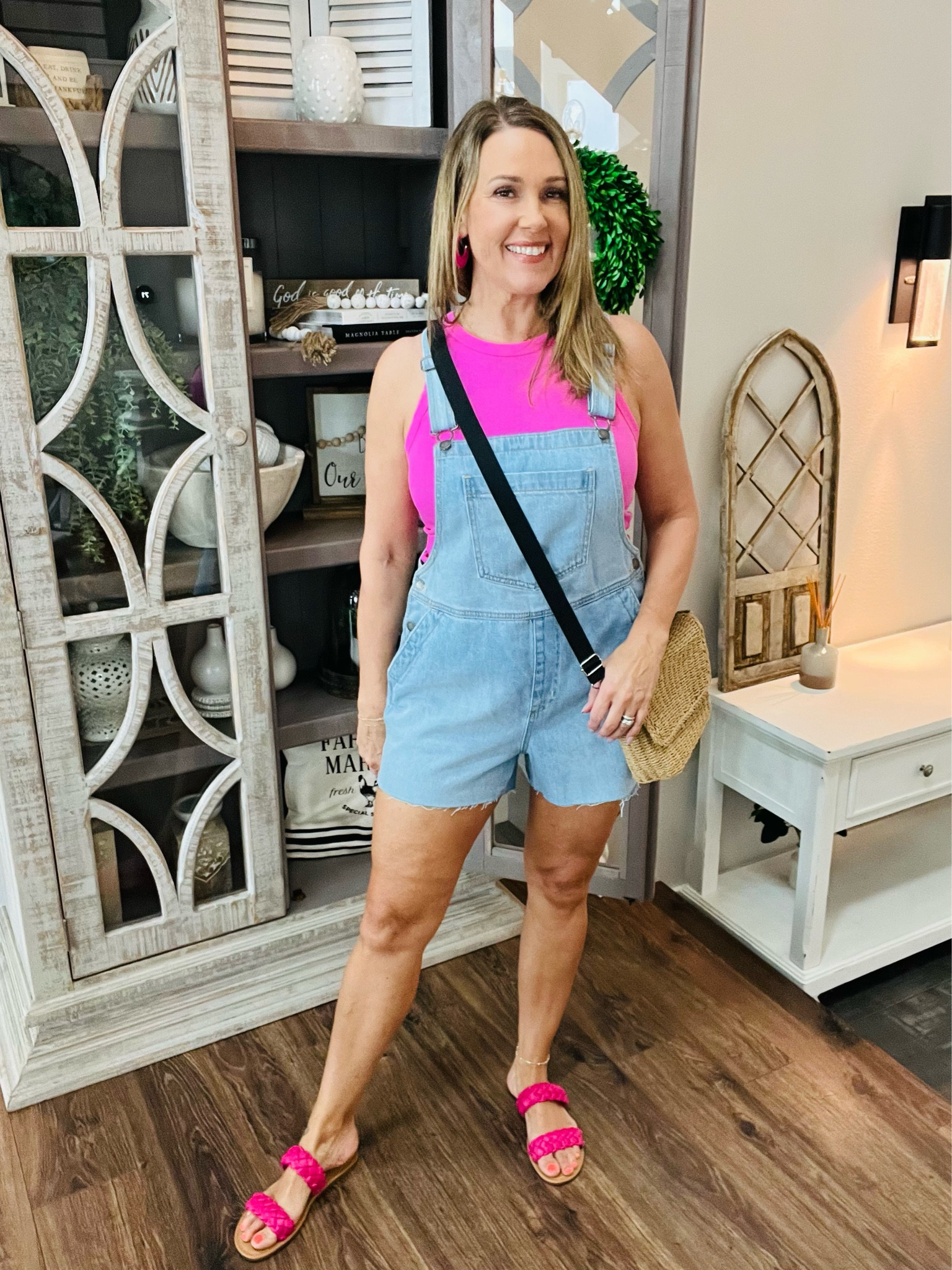 Target boyfriend shortalls 
Slide Sandals 
Medium in shorts 

#LTKunder50 #LTKFind #LTKFestival