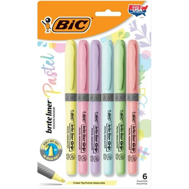 BIC Brite Liner Grip Pastel Highlighters, Assorted Pastel Colors, Rubber Grip, 6 Count | Walmart (US)