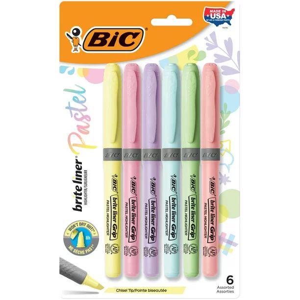 BIC Brite Liner Grip Pastel Highlighters, Assorted Pastel Colors, Rubber Grip, 6 Count | Walmart (US)