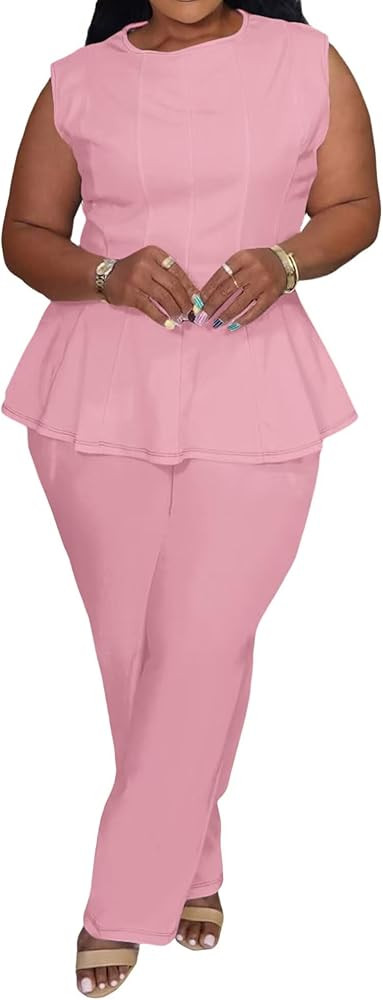 Womens Plus Size 2 Piece Outfits Pants Sets Summer Sleeveless Peplum Tank Tops Wide Leg Pant Suit... | Amazon (US)