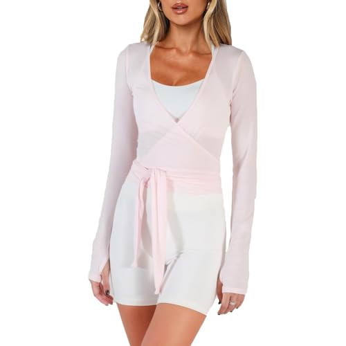 Meihuida Women Wrap Top Long Sleeve Deep V Neck Tie Workout Ballet Pilates Yoga Shirt with Thumb Holes Pink L | Amazon (US)