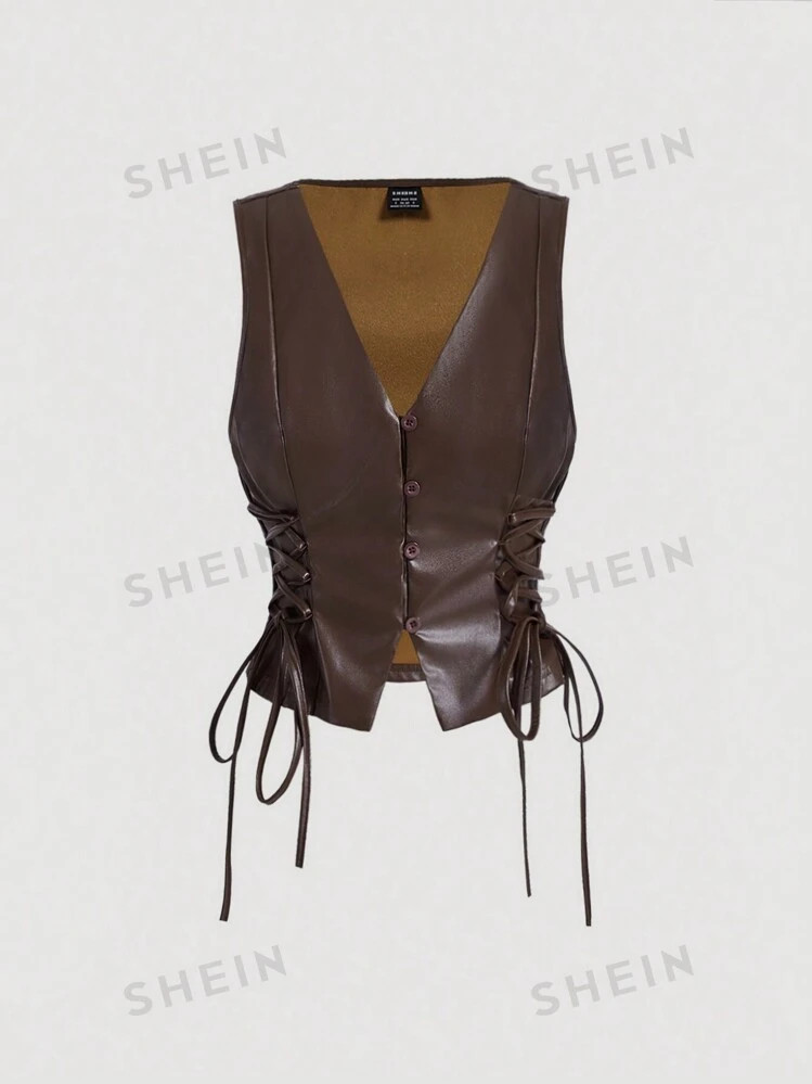 SHEIN MOD Khaki PU Leather Buckled Short Crop Top For Women | SHEIN