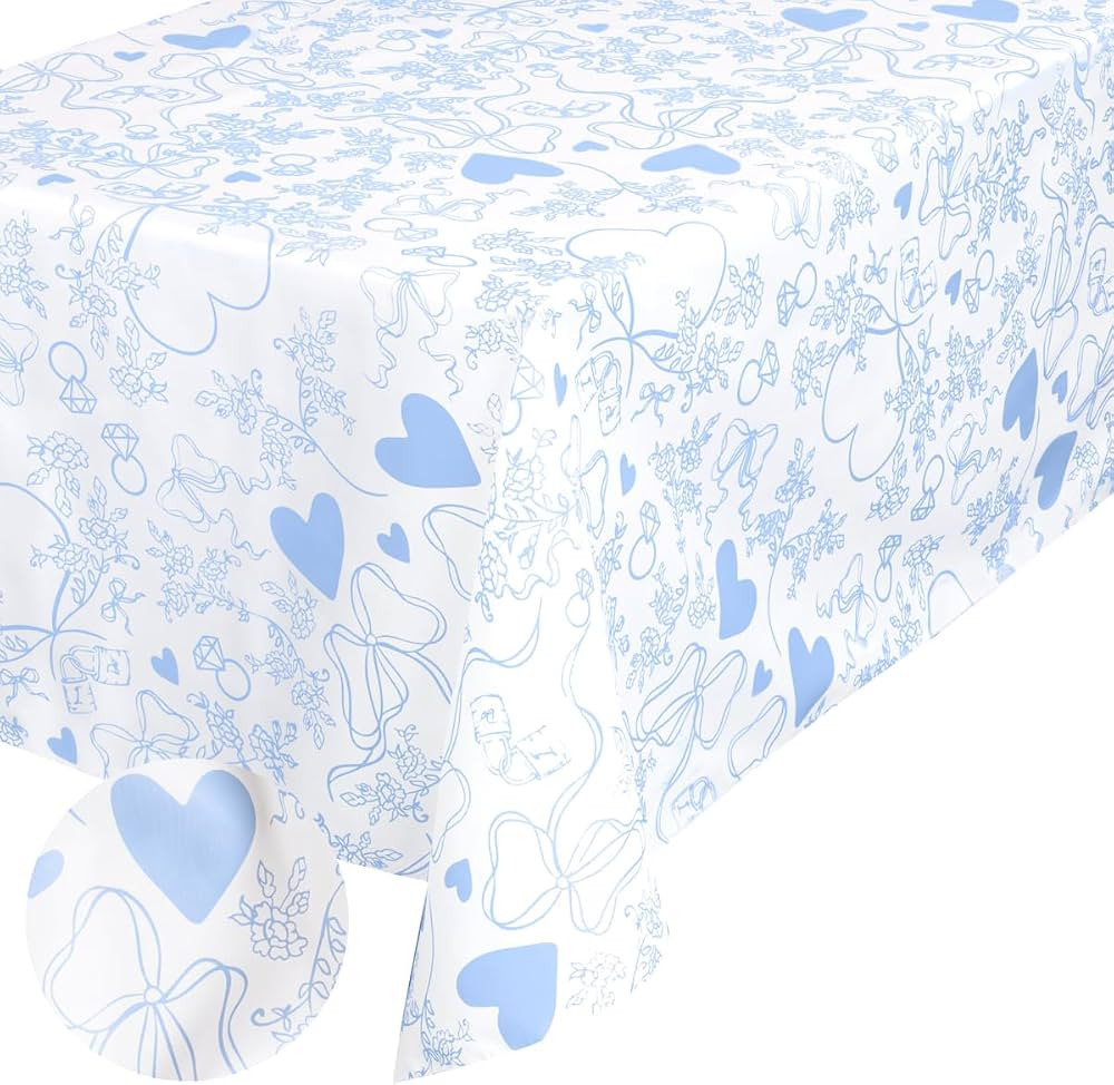 xo, Fetti Something Blue Tablecloth, White + Blue | 9' x 4.5' | Bachelorette Tablescape, Wedding ... | Amazon (US)