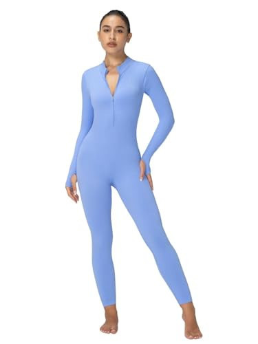 Sunzel Long Sleeve Jumpsuits for Women, Ribbed One Piece Casual Yoga Workout Zip Front Bodycon, Legging Fit & Thumbhole 25" Light Blue X-Large | Amazon (US)