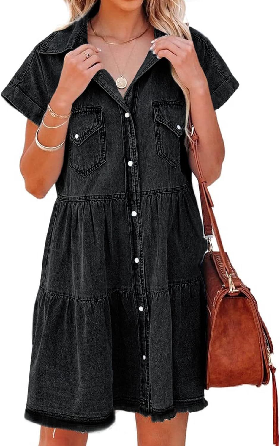 Astylish Women Buttoned Denim Dress Short Sleeve Casual Ruffled Mid Pom Pom Jean Dress | Amazon (US)