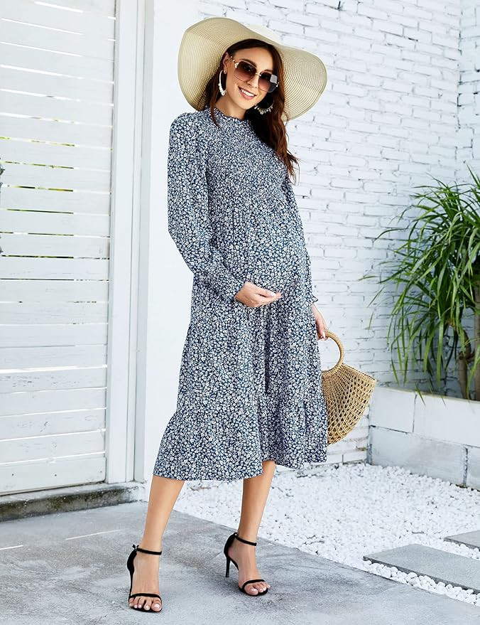 Coolmee Womens Maternity Smocked Long Sleeve Midi Dress Ruffle High Neck Casual Fall Boho Dress F... | Amazon (US)