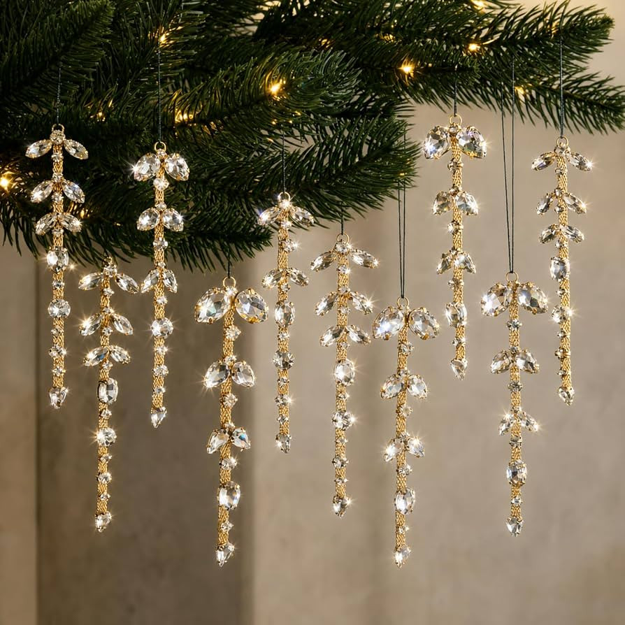 Seenelling 12pcs Gold Crystal Ornaments for Christmas Tree, 4" Icicle | Amazon (US)