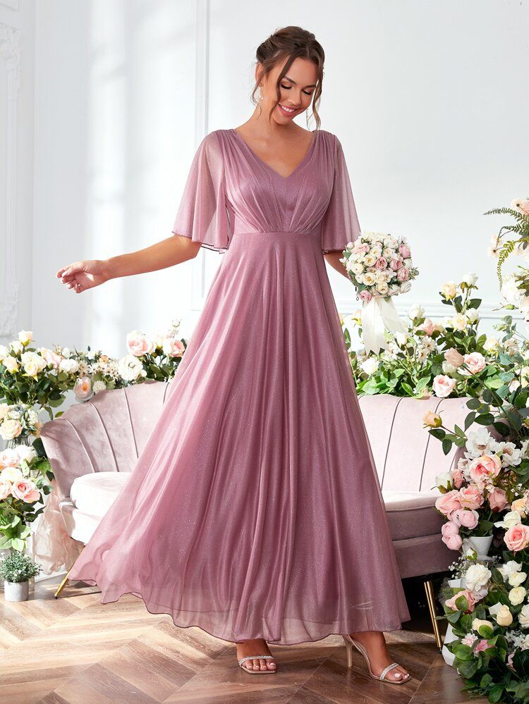 Butterfly Sleeve Ruched Glitter Bridesmaid Dress | SHEIN
