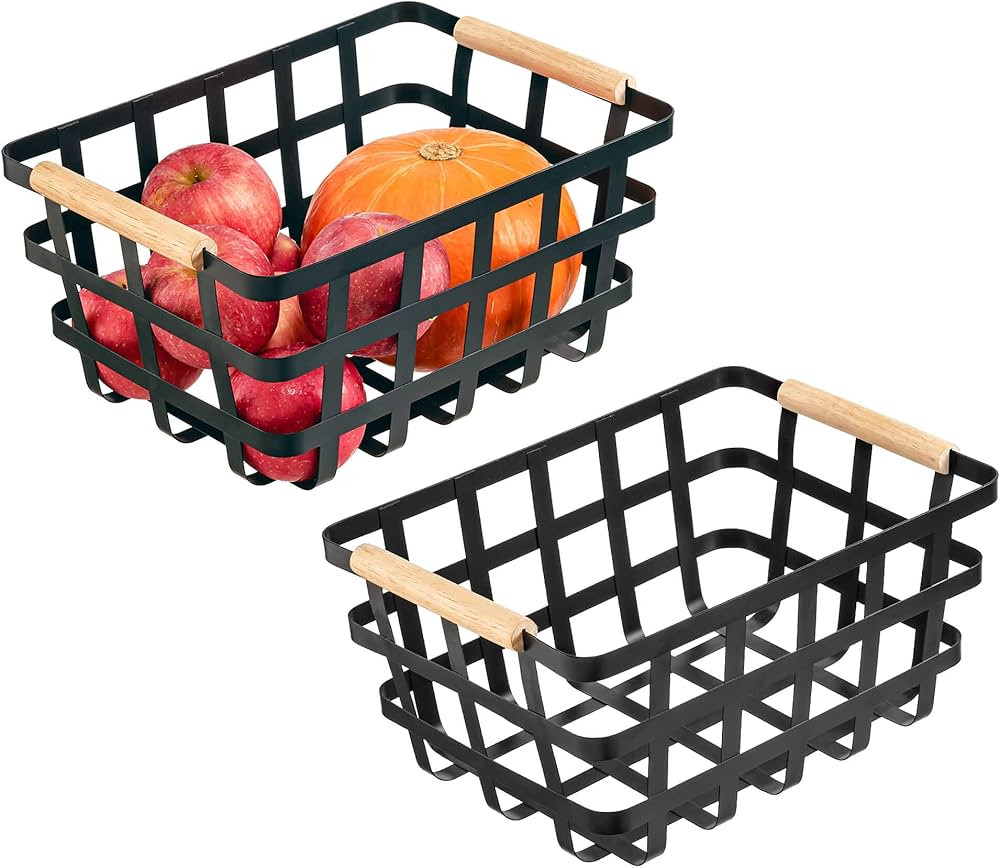 Black Farmhouse Baskets Pantry Baskets with Wooden Handles Storage Organizer Farmhouse Baskets, F... | Amazon (US)