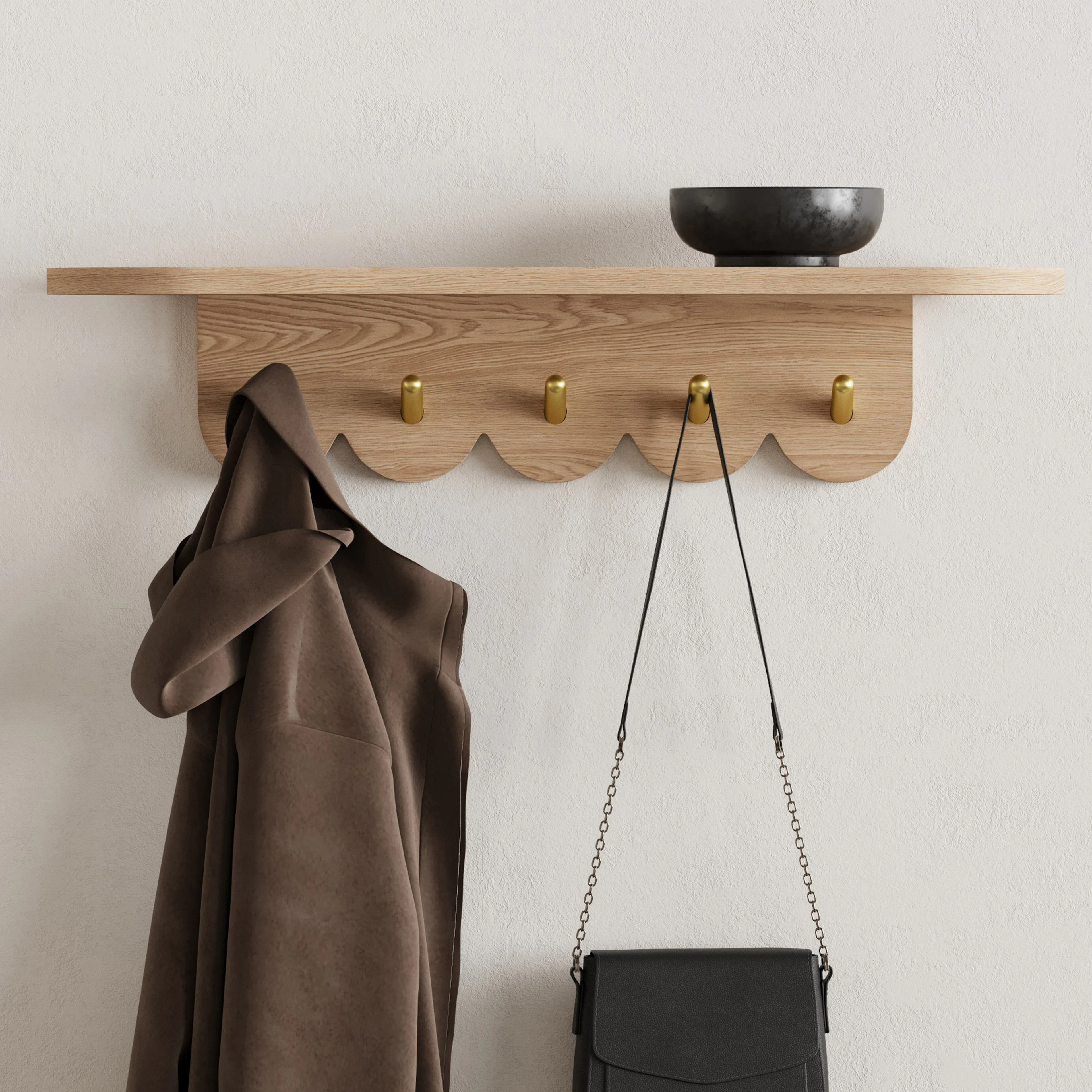 Shelly 24.5" Shelf and Coat Rack - Brass and Oak | Article