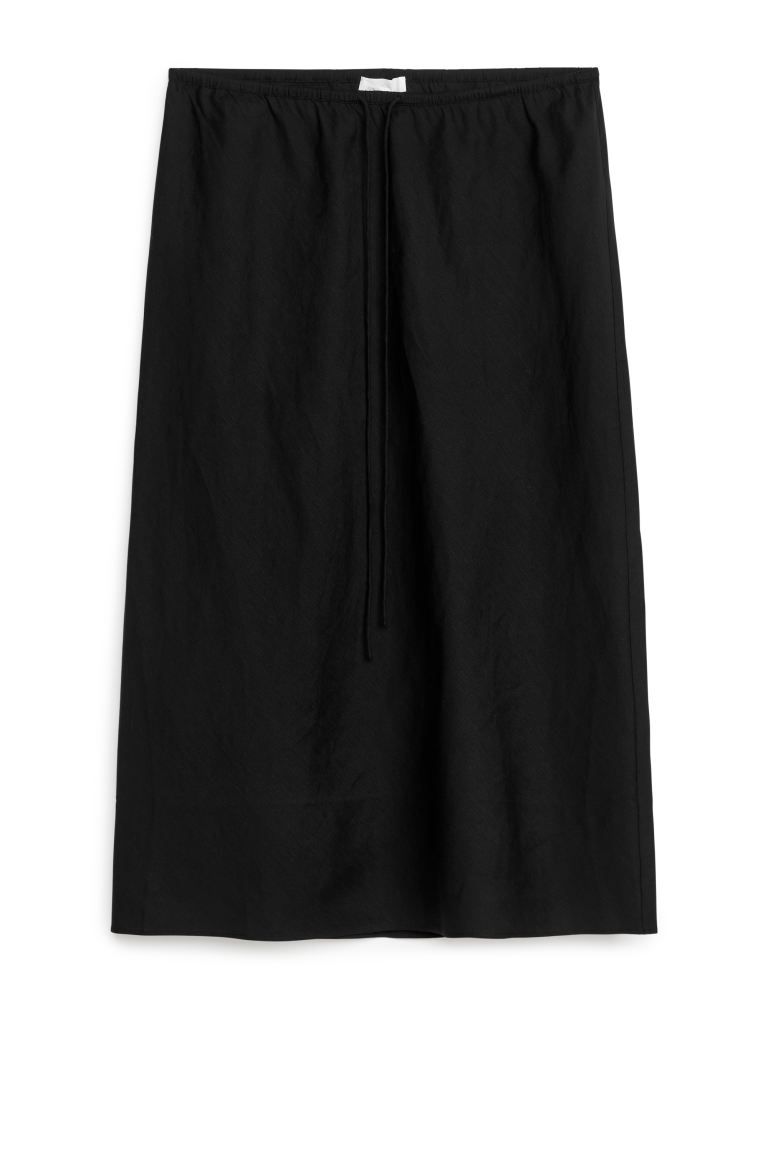 Drawstring Linen-Blend Skirt - Regular waist - Midi - Black - Ladies | H&M GB | H&M (UK, MY, IN, SG, PH, TW, HK)