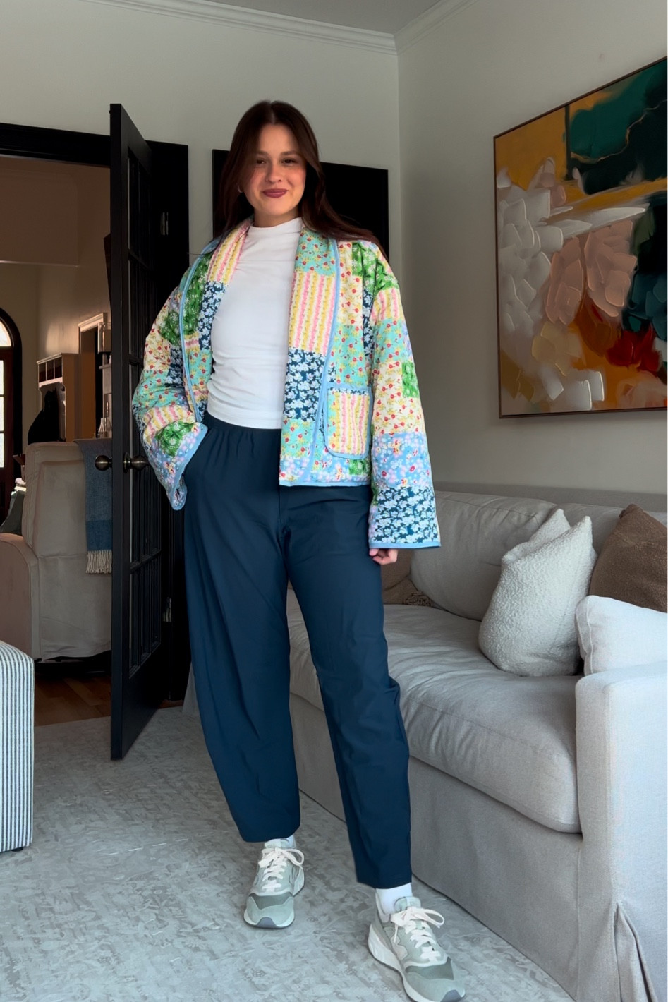 Top: S ; Bottoms: M- tall (5’8 for reference) ; Shoes: size up a half size ; Jacket: M