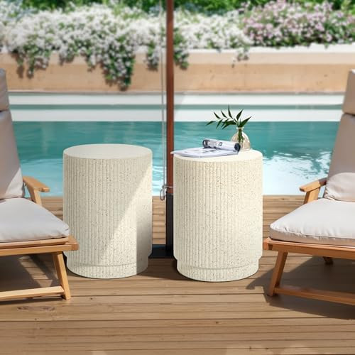 LuxenHome Cream Cement Round Outdoor Side Table, Set of 2 | Amazon (US)
