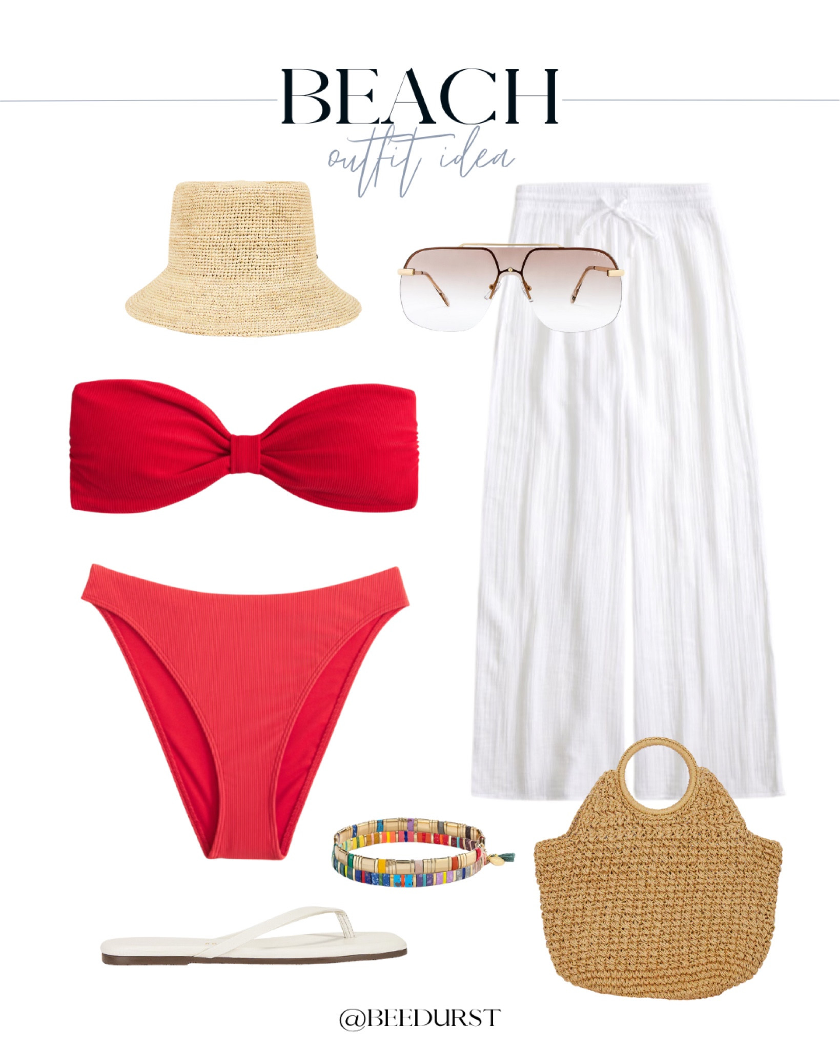 Beach outfit idea, pool outfit idea, swim outfit idea, bandeau swimsuit, strapless swimsuit, high waisted swimsuit bottoms, bandeau swim top, red swimsuit, patriotic swimsuit, Abercrombie swimsuit, cover up pants, gauzy cover up, pool cover up, beach cover up, rattan tote bag, beach bag, pool bag, tote bag, rattan bucket hat, sunhat, flip flops, TKEES flip flops, beaded bracelets, aviator sunglasses 

#LTKSwim #LTKFindsUnder100 #LTKItBag
