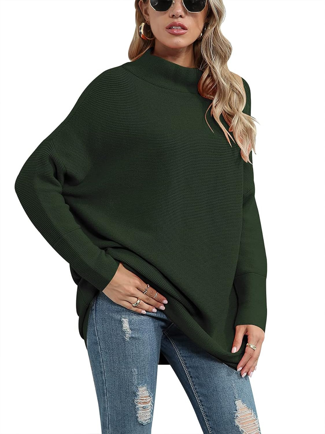 ANRABESS Women Casual Turtleneck Batwing Sleeve Slouchy Oversized Ribbed Knit Tunic Sweaters Pullove | Amazon (US)
