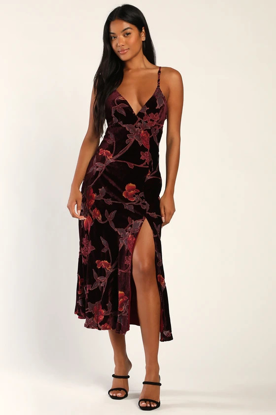 Divine Allure Burgundy Floral Burnout Velvet Midi Dress | Lulus (US)