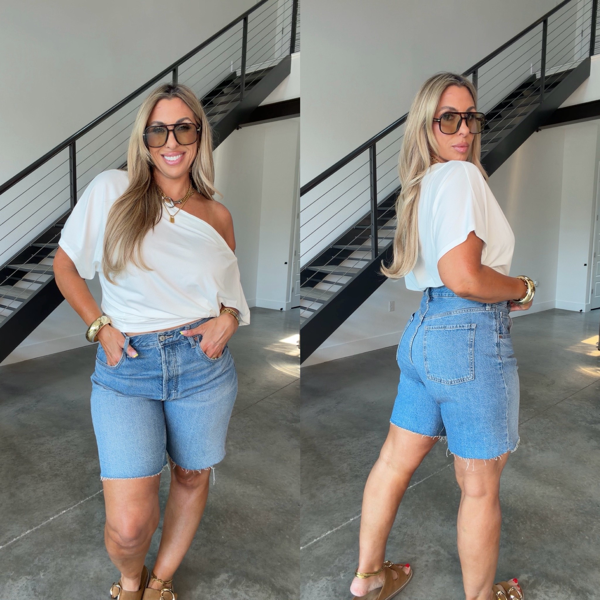 Elevated denim shorts outfit 
 
Top L (linked bandeau and strapless

Love these shorts so much . Light drapey non stretch denim. Wearing my true to size 12; fit slightly loose through hip and thigh with no waist gap. 100% cotton will stretch out a tad. note:. wearing the 9 inch inseam. also linked the 7, 5, 4 inseams depending on your preference

Some of the jewelry is from KC Chic. Super high quality and water resistant. It is linked and I have a 30% off code: Christine

Comfortable sandals

#LTKootd #LTKOver40