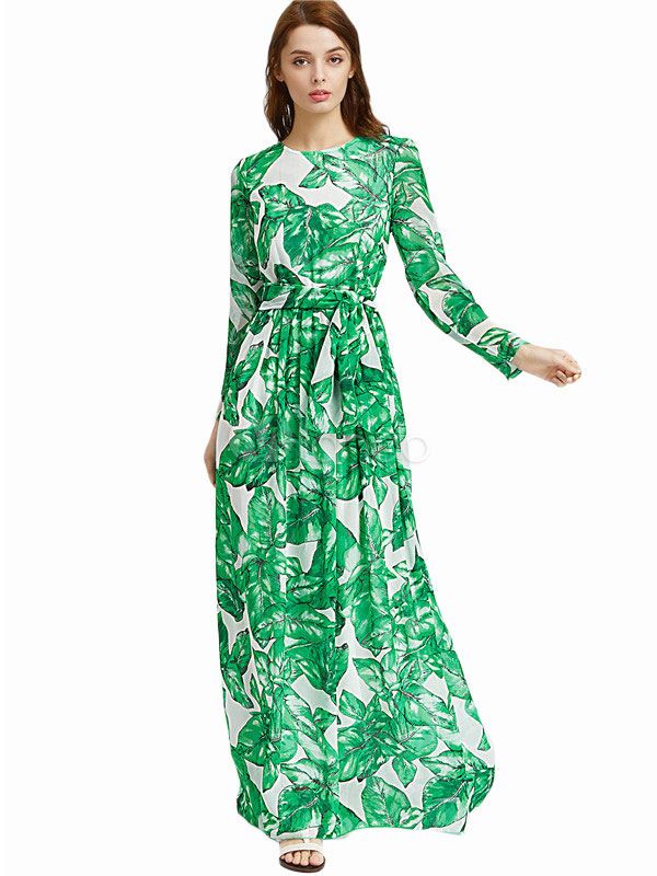 Green Maxi Dress Round Neck Long Sleeve Chiffon Leaf Print Pleated Women's Long Dresses | Milanoo