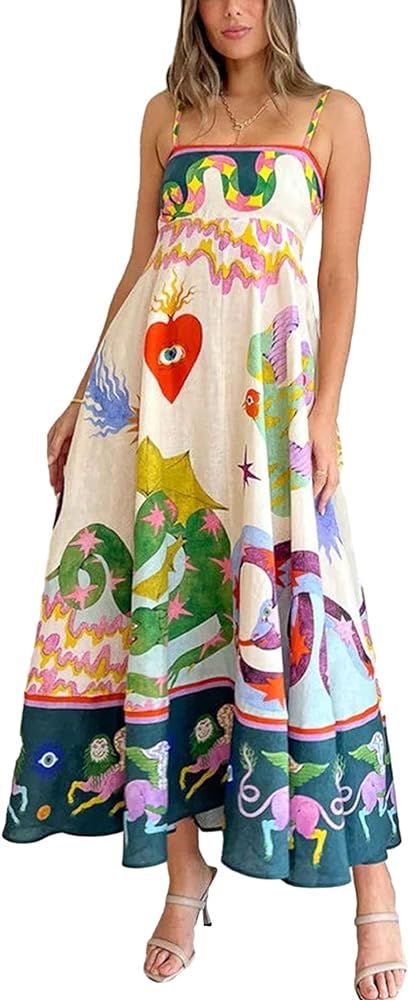 KMBANGI Women Spaghetti Strap Graffiti Maxi Dress Colorful Graphic A Line Swing Long Cami Dress B... | Amazon (US)