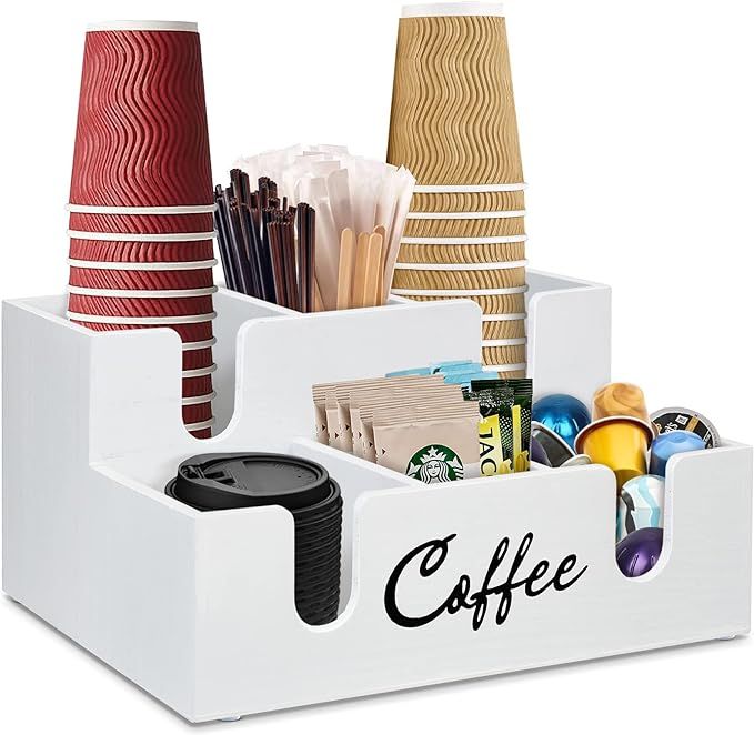 Disposable Coffee Cup Dispenser Lid Holder for Counter, Wood 6 Compartments Coffee Station Organi... | Amazon (US)