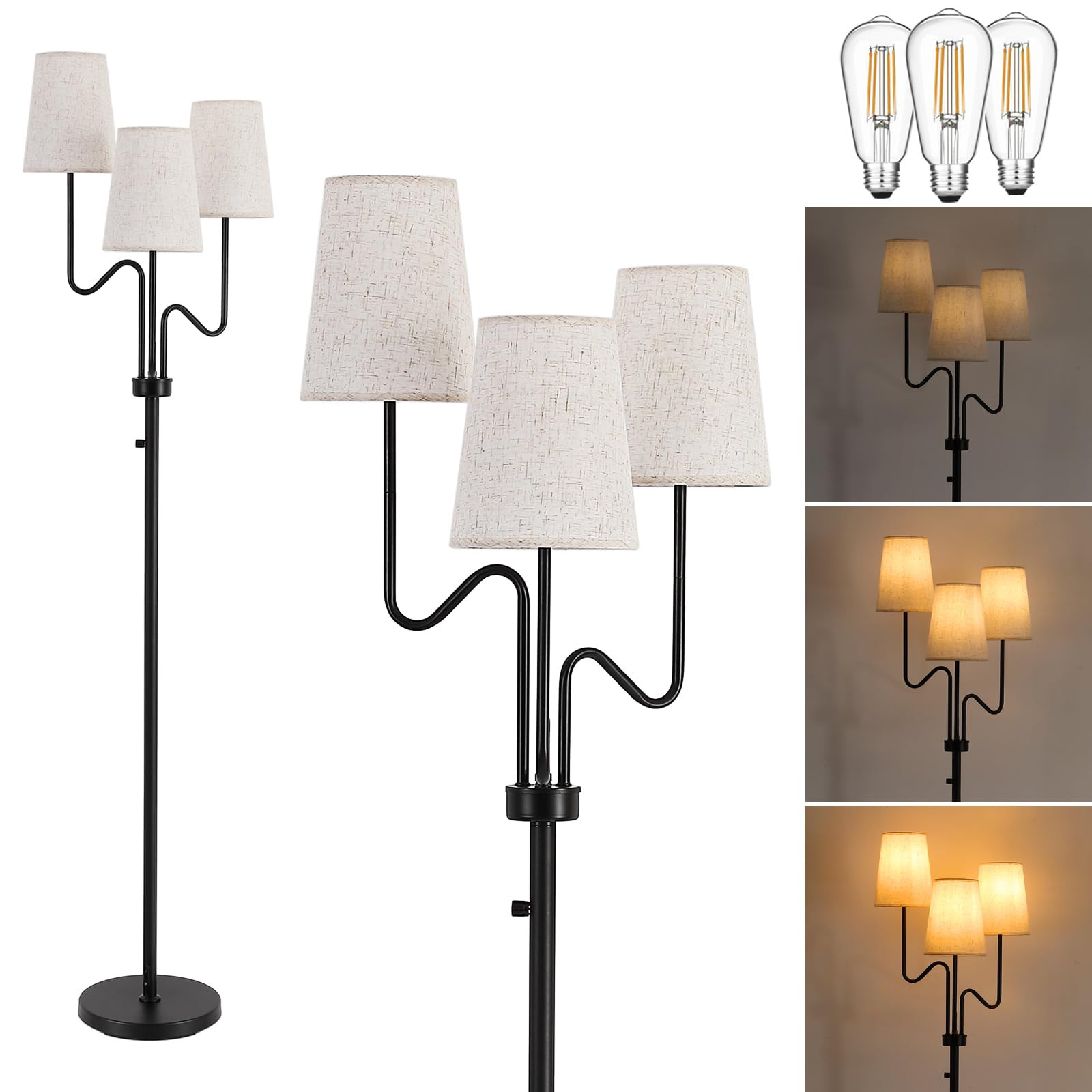 9MMML Farmhouse Dimmable Floor Lamp, Rustic 3-Light Floor Lamp with Fabric Shade, 68'' Tall Floor... | Amazon (US)