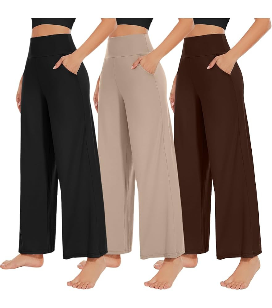 NEW YOUNG 3 Pack Women's Wide Leg Pants with Pockets High Waist Loose Sweatpants Casual Lounge Yo... | Amazon (US)