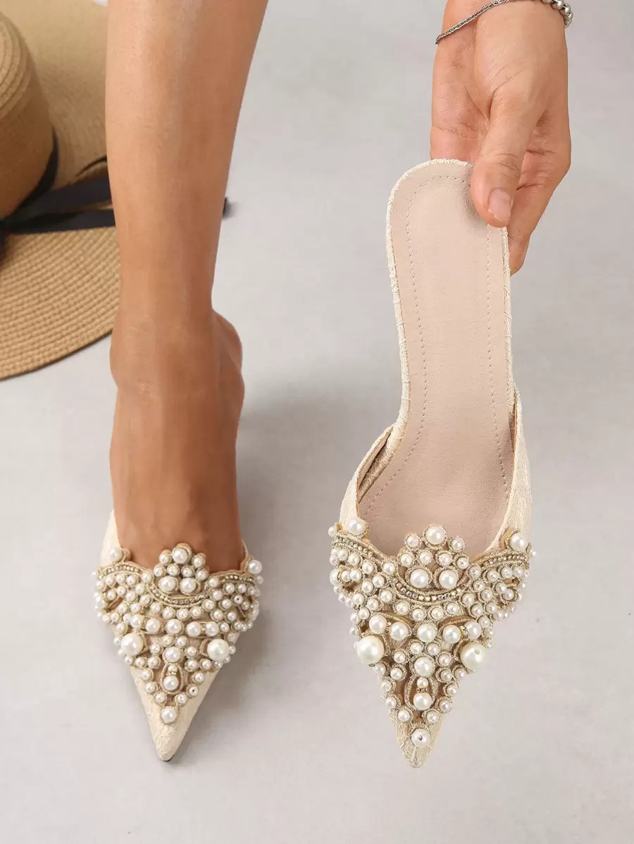 Faux Pearl Decor Kitten Heeled Mules | SHEIN