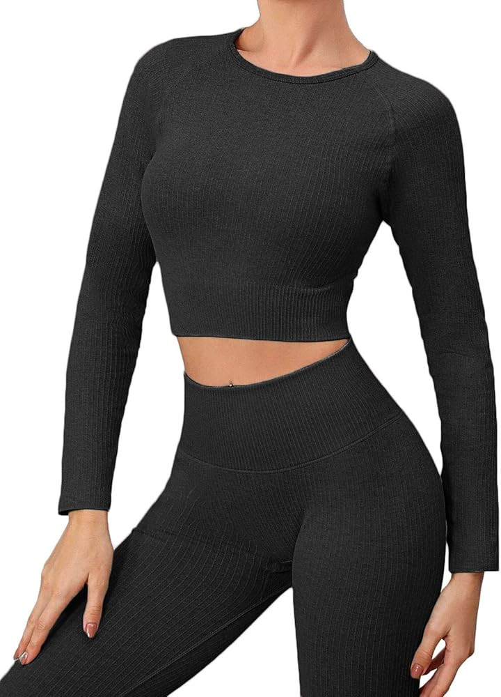 Buscando Womens Gym Sets 2 Piece Long Sleeve Workout Crop Top Tank Ribbed High Waist Seamless Leg... | Amazon (UK)