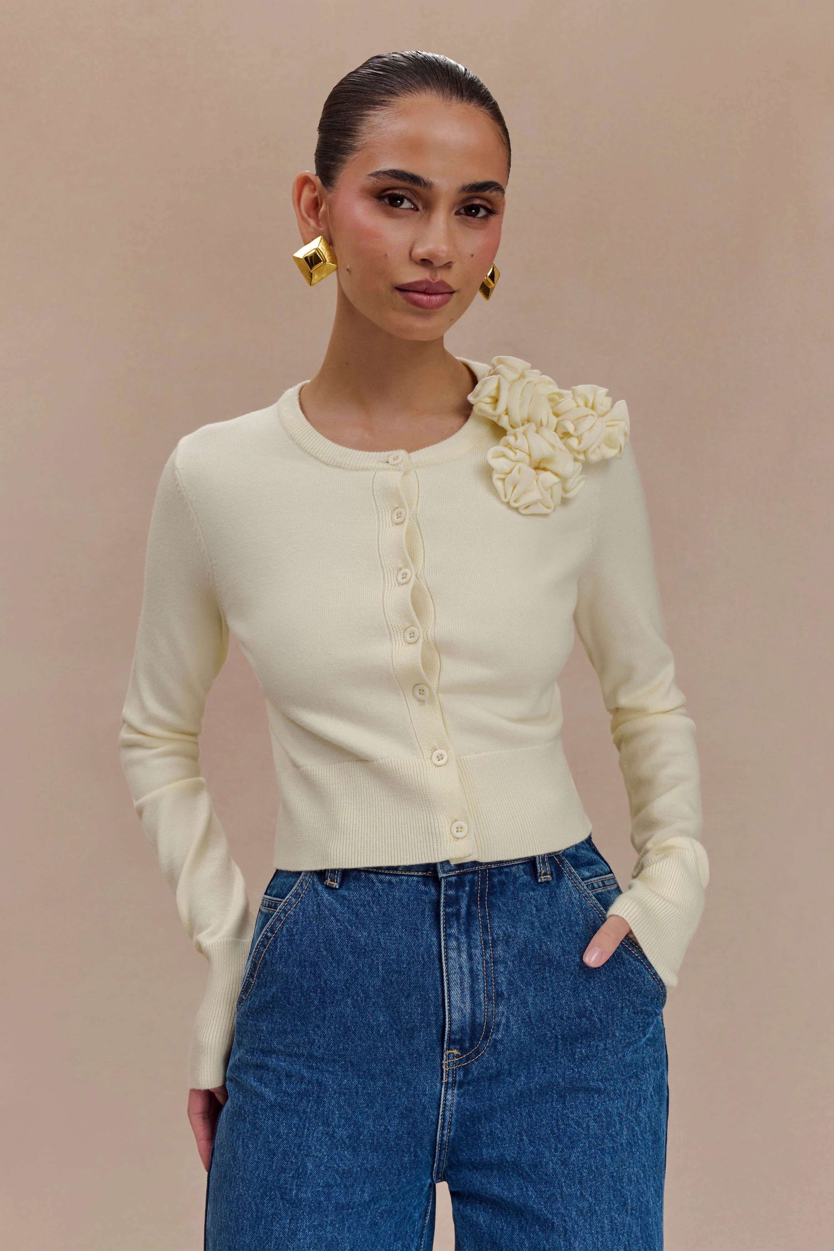 Gianna Knit Cardigan With Flowers - Cream | MESHKI US