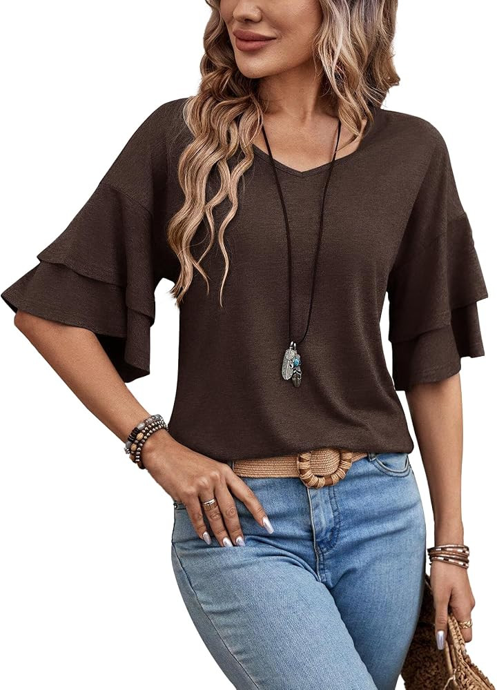 Womens Blouses Ruffle Short Sleeve T Shirts V Neck Double Tiered Bell Sleeve Top Spring Summer Fa... | Amazon (US)