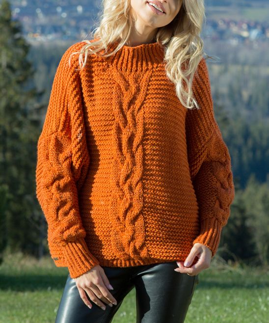 Fobya Women's Pullover Sweaters ORANGE - Orange Knit Mock Neck Sweater | Zulily