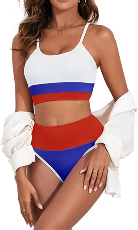 Adisputent Womens High Waisted Bikini Set Color Block Ribbed Crop Top Sporty Swimsuits Tummy Cont... | Amazon (US)