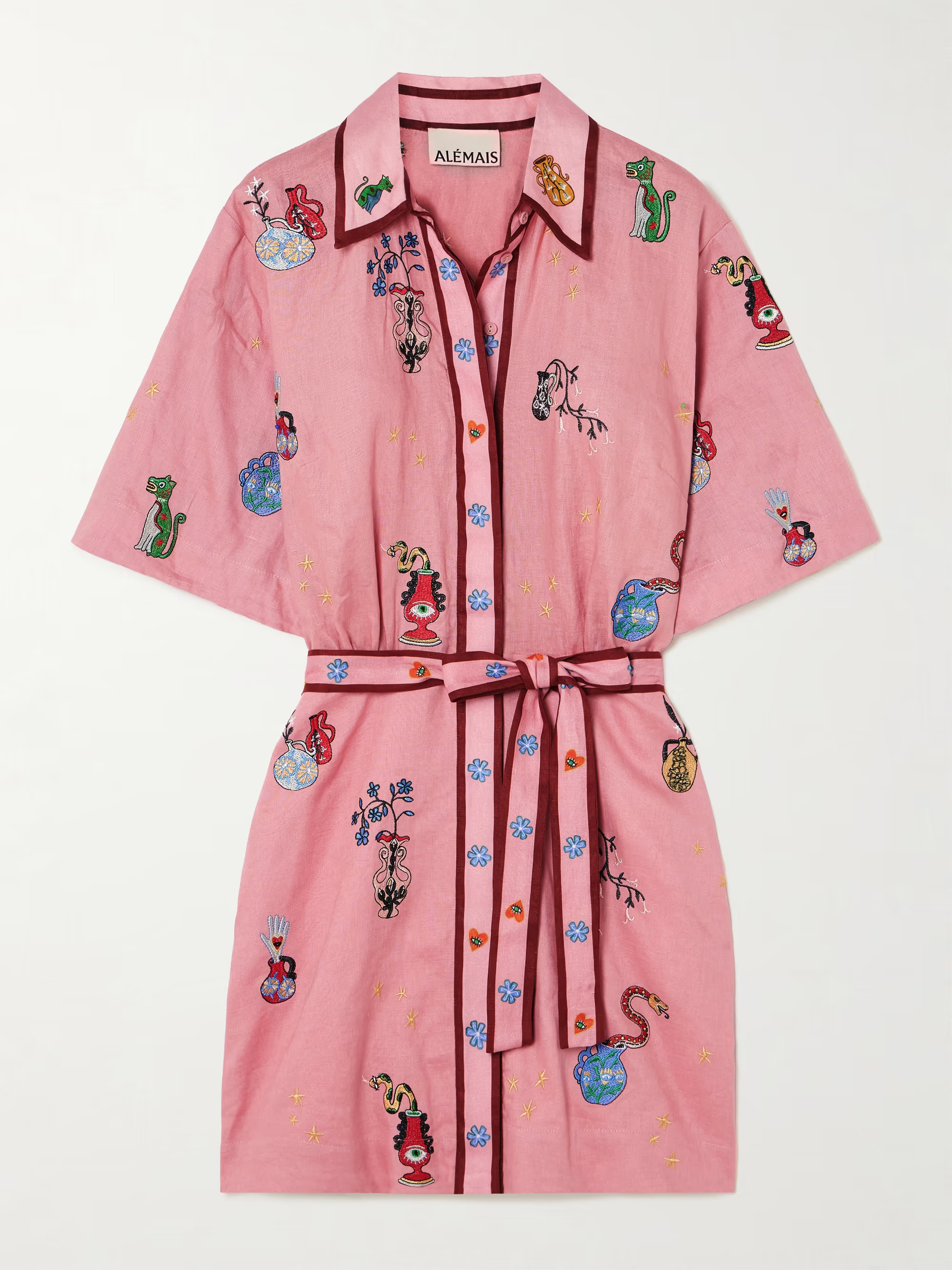 + Nadia Hernandez Timmy belted embroidered printed linen mini shirt dress | NET-A-PORTER APAC