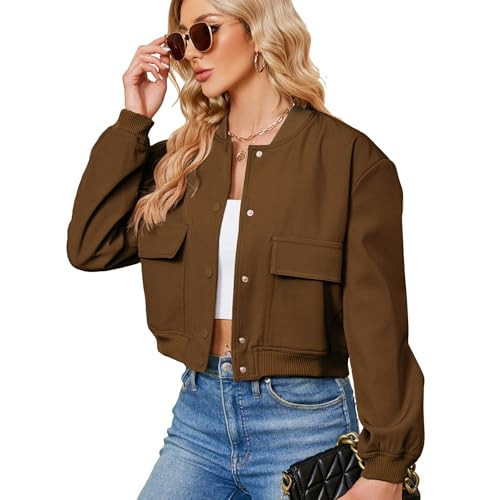 Zando Brown Jacket Women - Brown Bomber Jacket Women Button Down Cropped Jackets Womens with Pockets Long Sleeve Baseball Womens Jackets Fall for Daily Work Outdoor Travel Parties School XL | Amazon (US)