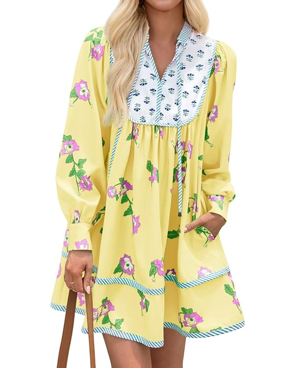 Wenrine Womens Casual Floral Mini Dress 2025 Fall Long Sleeve V Neck Patchwork Loose Boho Shirt D... | Amazon (US)