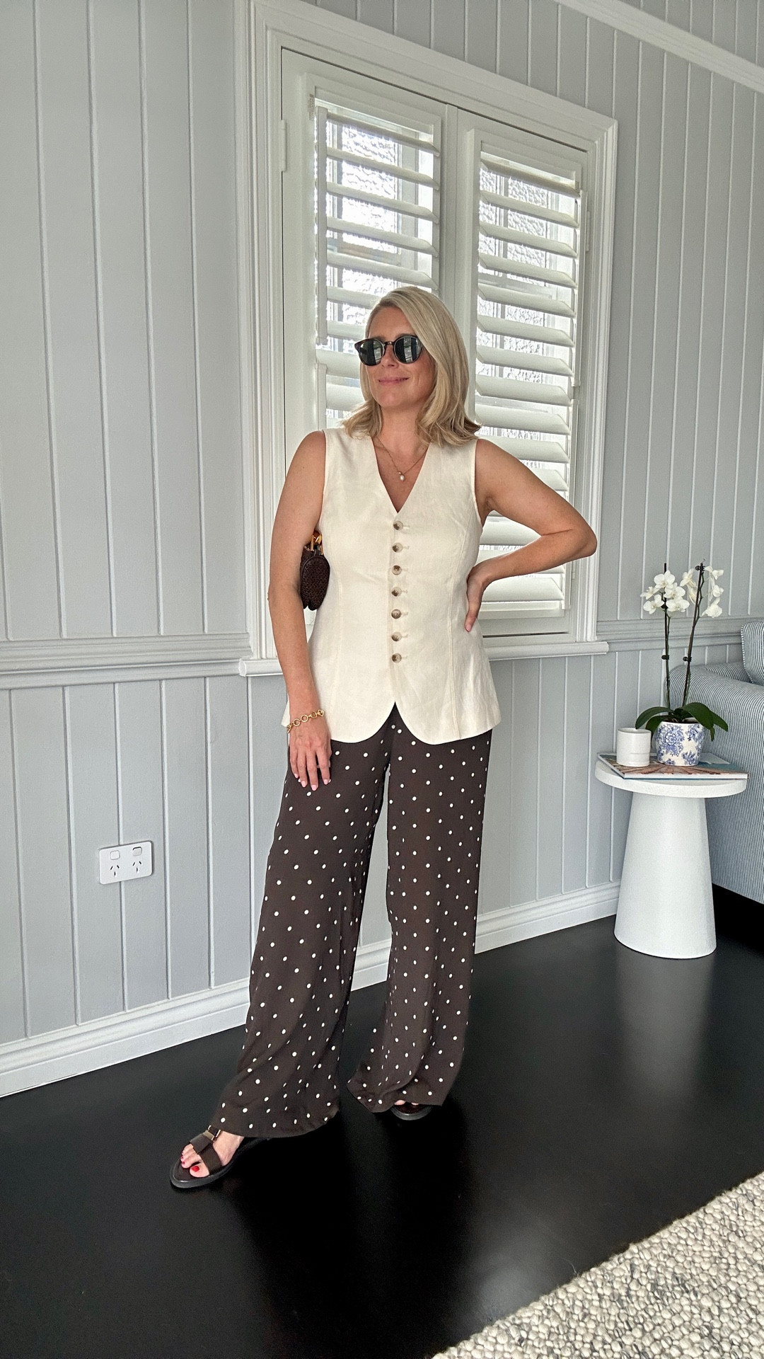 Polka dot wide leg Chocolate  pants and a cream vest for a man on trend smart casual summer outfit. 

Jag Vest: size 12 
All About Eve pants: 10 

#LTKsummer #LTKaustralia #LTKspring