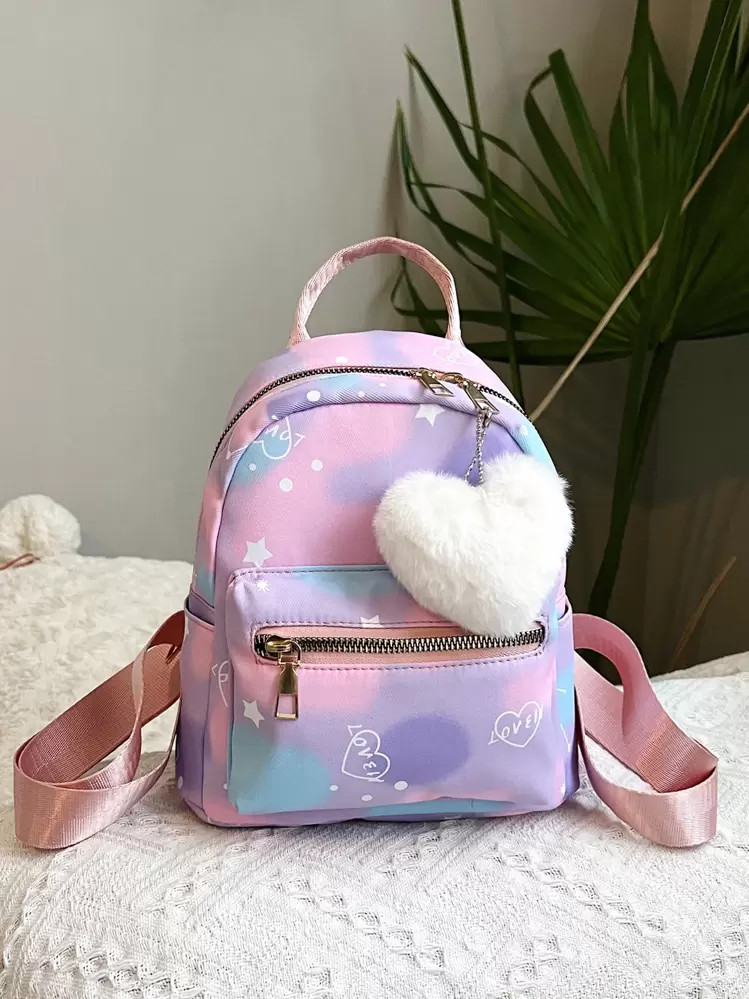 Fashionable Tie-dye Gradient Printed Girl's School Backpack With Heart Shaped Pom Pom Keychain | SHEIN