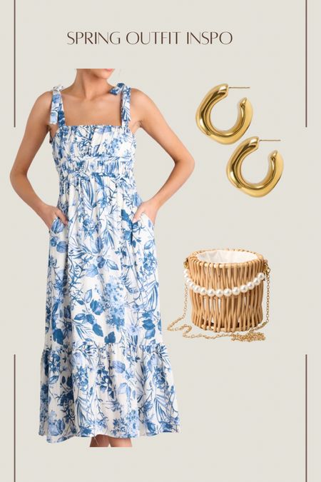 Spring outfit inspo 
Blue and white midi dress
Amazon gold chunky hoops
Summer outfit
Spring dress

#LTKstyletip