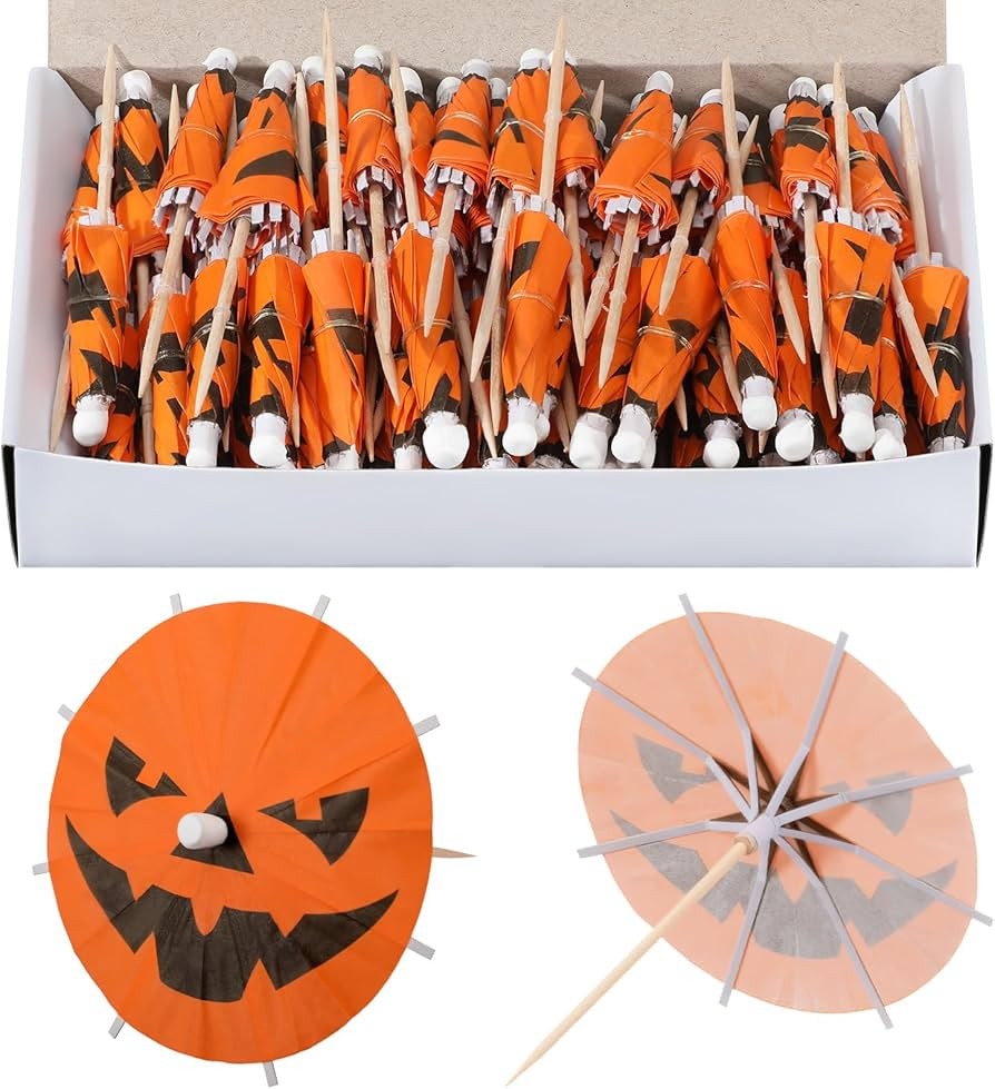 Chengu 100 Pcs Halloween Pumpkin Cocktail Drink Umbrella Picks, Spooky & Colorful Paper Toothpick... | Amazon (US)