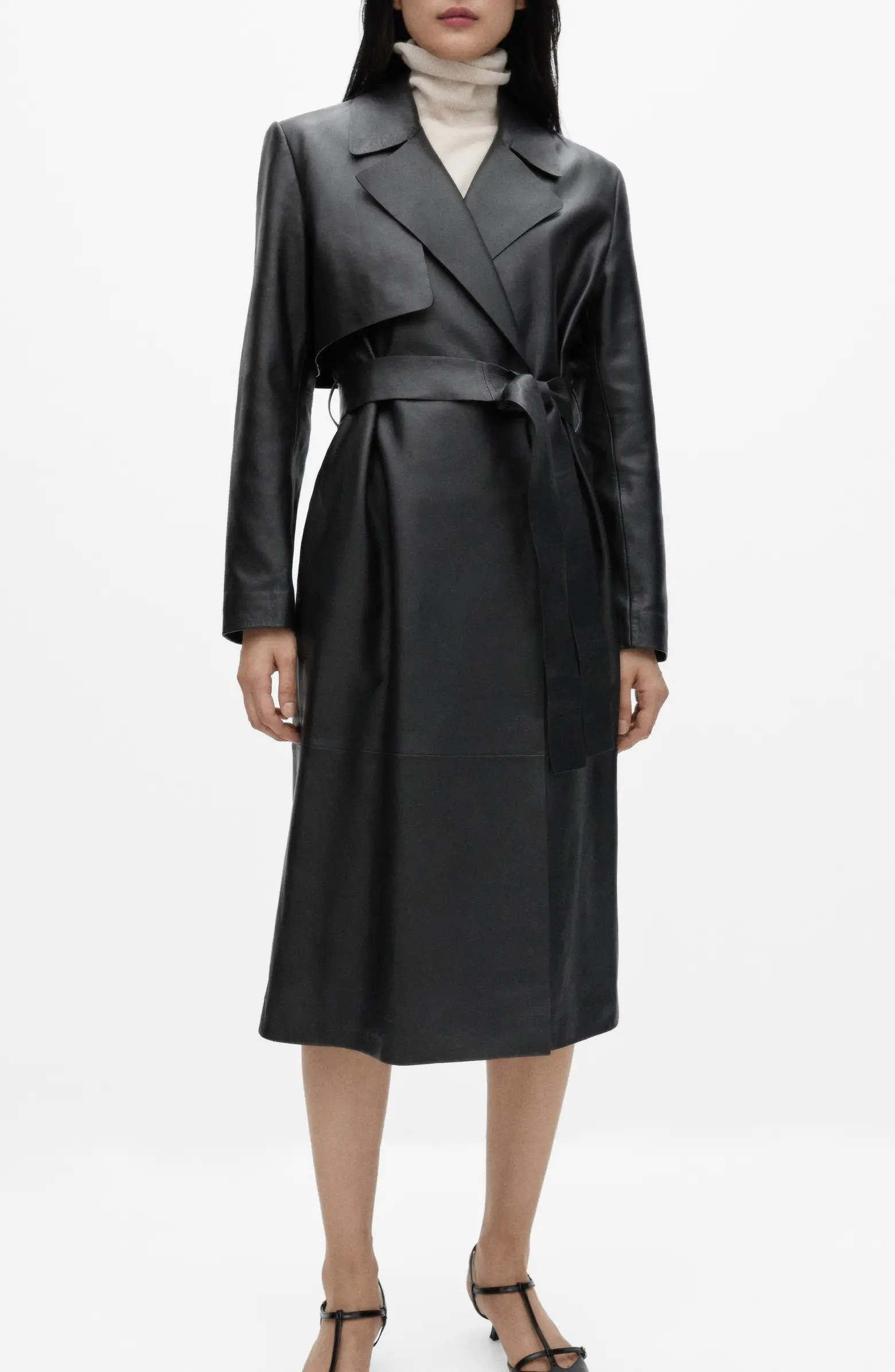 MANGO Tie Waist Leather Trench Coat | Nordstrom | Nordstrom