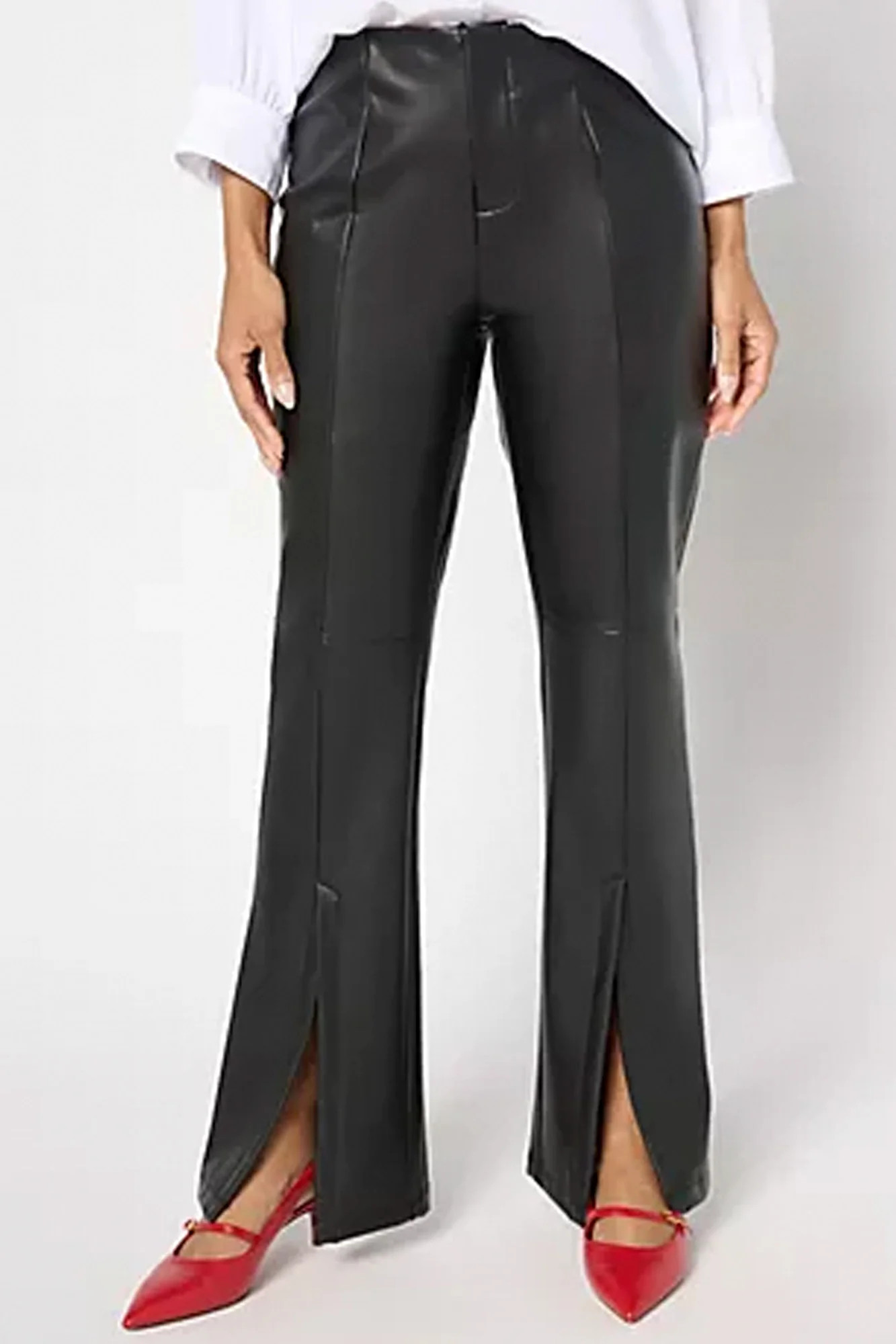 Black Label Faux Leather Split Hem Flare Pant | Peace Love World