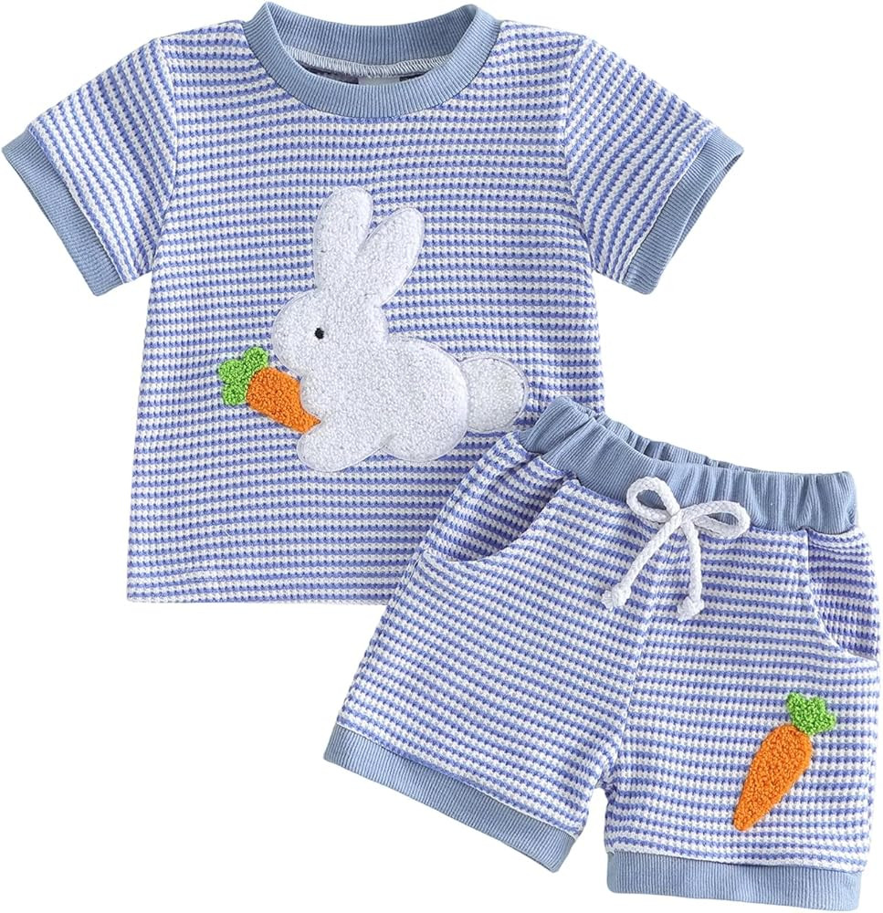 Toddler Baby Boy Girl Easter Striped Outfit Short Sleeve Embroidery Rabbit Carrot T-shirt Shorts ... | Amazon (US)