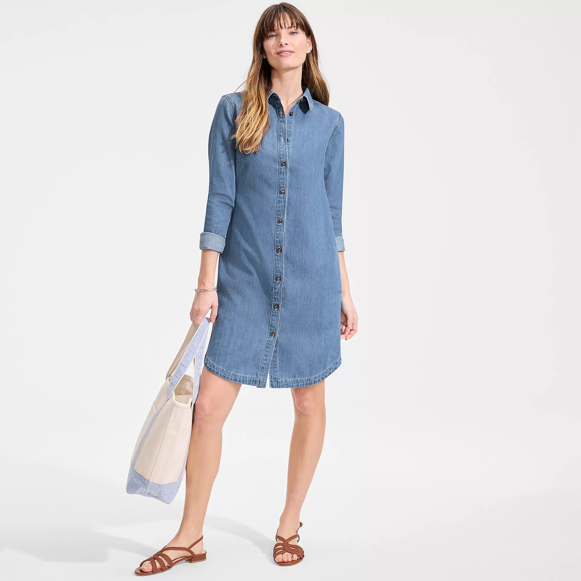 Women's Light Weight Denim Long Sleeve Button Front Shirt Dress | Lands' End (US)