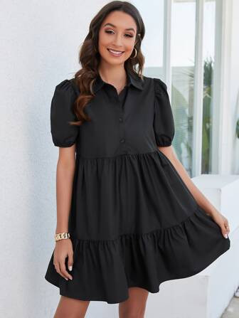 Puff Sleeve Ruffle Hem Smock Dress | SHEIN