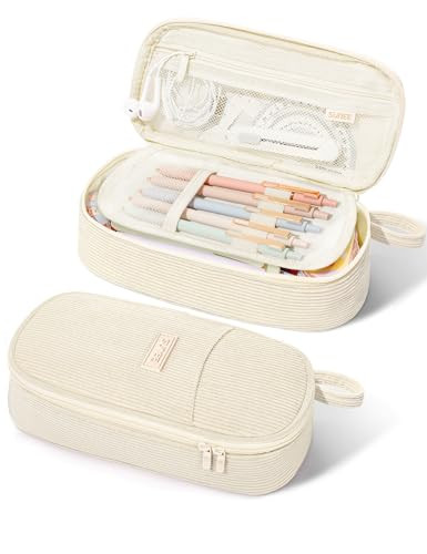 SUNEE Cute Pencil Case, Large Pencil Pouch, Aesthetic Big Pencil Bag with Zipper, Kawaii Stationery Storage and Organizer, School Supplies for Teen and Adult, Boys&Girls, Soft Corduroy Warm Beige | Amazon (US)
